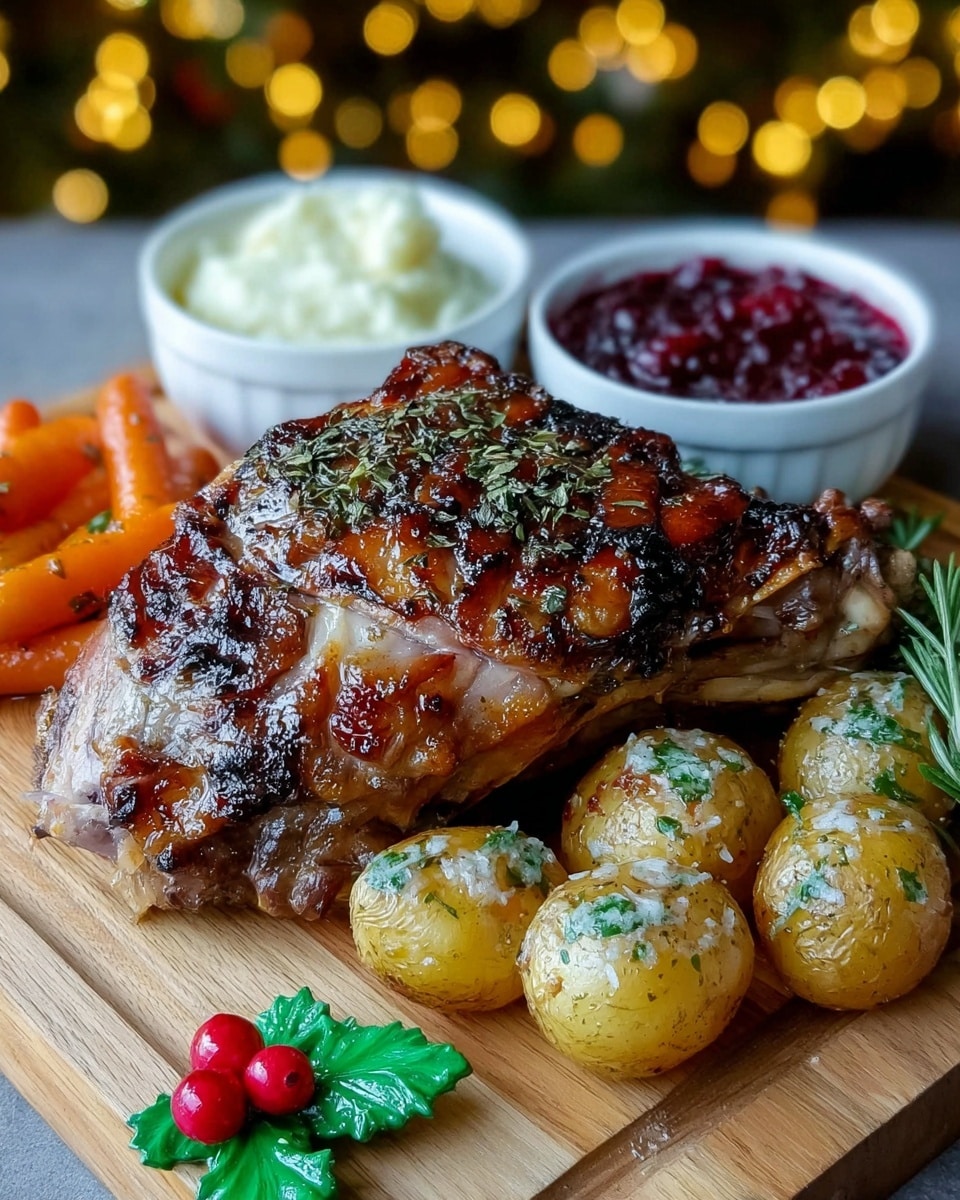 A close-up view of a roasted turkey leg with a crispy, golden-brown, and charred skin topped with a sprinkle of herbs, sitting on a wooden cutting board. To the right are several small roasted potatoes with a light golden color, sprinkled with green herbs and a bit of cream. Behind the potatoes are a few small, peeled orange carrots. On the left side of the turkey leg, there is a green rosemary sprig and a decoration of green holly leaves with three bright red berries. In the back, there are two white bowls, one filled with smooth mashed potatoes with sprinkled herbs and the other with vibrant red cranberry sauce. The background shows soft, warm golden bokeh lights, creating a festive mood. photo taken with an iphone --ar 4:5 --v 7
