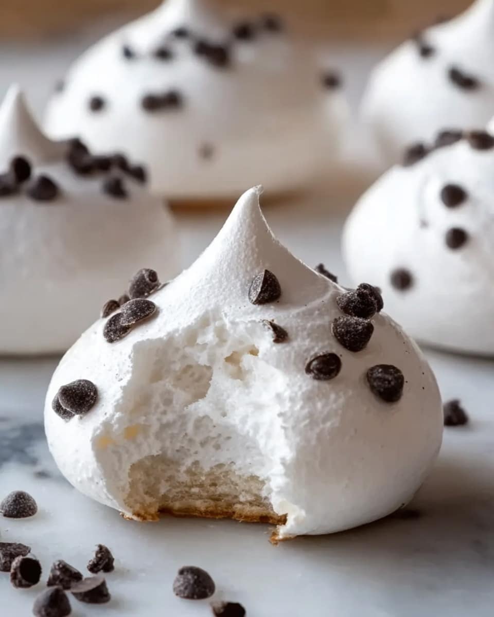 The image shows a close-up of a white meringue cookie with a pointy top, decorated with small dark chocolate chips scattered on its smooth, glossy surface. The cookie has a round base with a light brown baked crust and an airy, soft white inside, revealed by a bite taken out of it. Several similar meringues with slightly uneven shapes and chocolate chips are blurred in the background, all placed on a white marbled surface. photo taken with an iphone --ar 4:5 --v 7