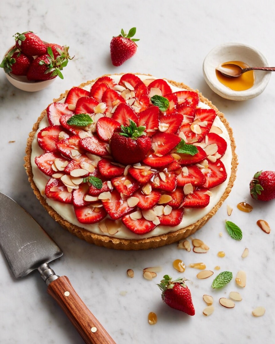 A round tart with a golden brown crust forms the base, filled with a creamy white layer. On top, thinly sliced red strawberries are arranged in a flower pattern covering the entire surface, with one whole strawberry in the center. Scattered over the strawberries are thin light tan almond slices and small fresh green mint leaves. Around the tart on the white marbled surface are whole and cut strawberries, more almond slices, and a few mint leaves. Nearby is a white dish holding a spoon resting in honey or syrup, and next to the tart is a cake server with a wooden handle and shiny metallic blade. Photo taken with an iphone --ar 4:5 --v 7