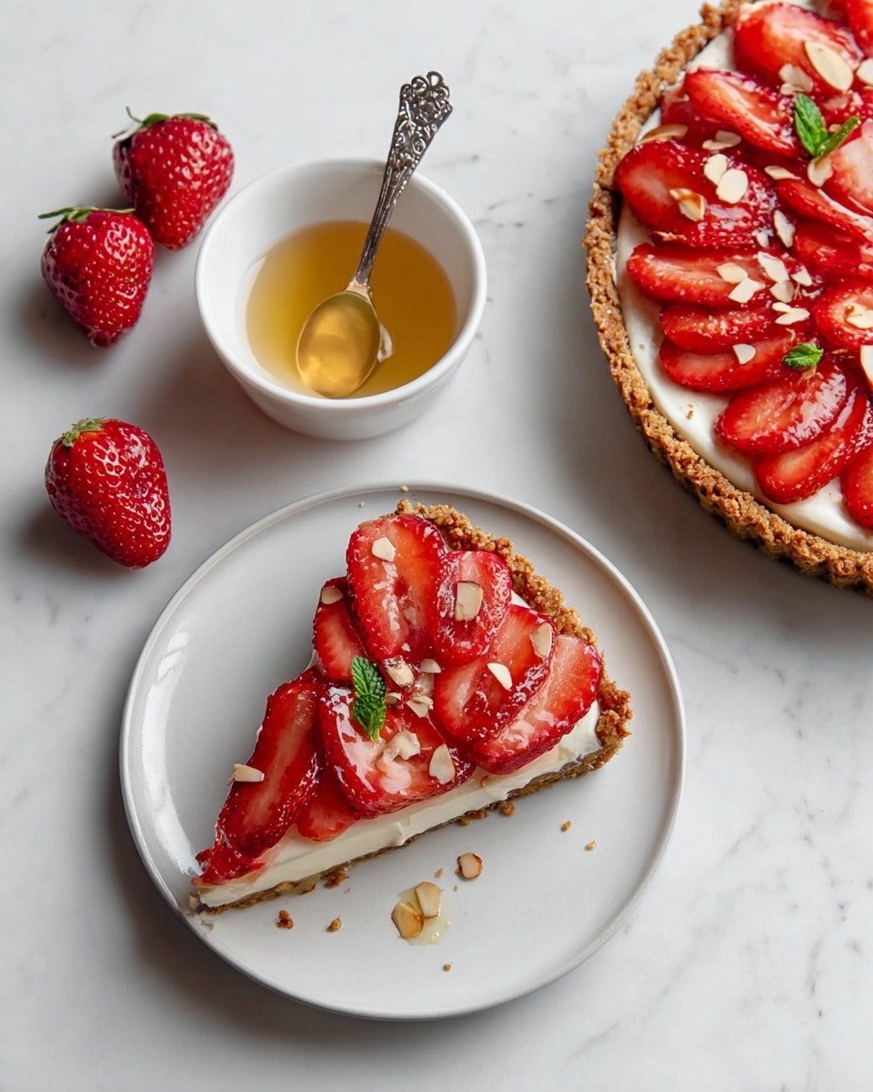 A slice of tart is placed on a white plate with a crumbly golden-brown crust base as the bottom layer, topped by a thick layer of smooth white cream filling. The top layer consists of bright red sliced strawberries arranged closely together, sprinkled with light brown toasted almond flakes and a few small green mint leaves. To the right side is the whole tart showing the same three layers and decoration. Above the plate is a small white bowl holding light yellow honey or syrup with an ornate silver spoon resting inside it. Three fresh whole strawberries lie to the left on a white marbled surface. photo taken with an iphone --ar 4:5 --v 7
