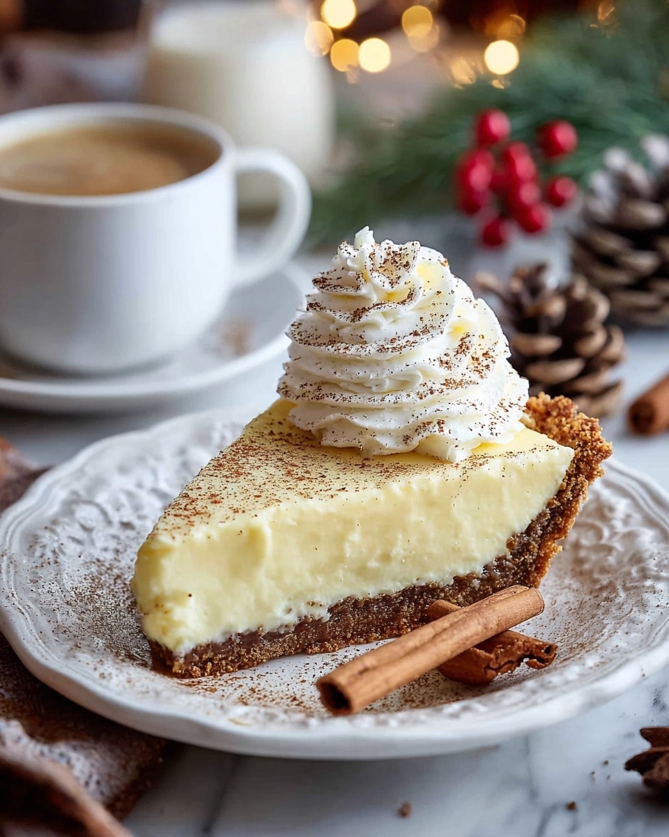 A slice of creamy pie with three visible layers: a bottom thick brown crust, a middle smooth pale yellow filling, and a top swirl of white whipped cream sprinkled with brown spice, placed on a white plate with decorative edges. The plate holds two cinnamon sticks and some ground spice, all set on a white marbled texture surface. In the background, there is a white cup filled with coffee and a blurred glass of milk along with pine cones and red berries, creating a cozy atmosphere. Photo taken with an iphone --ar 4:5 --v 7