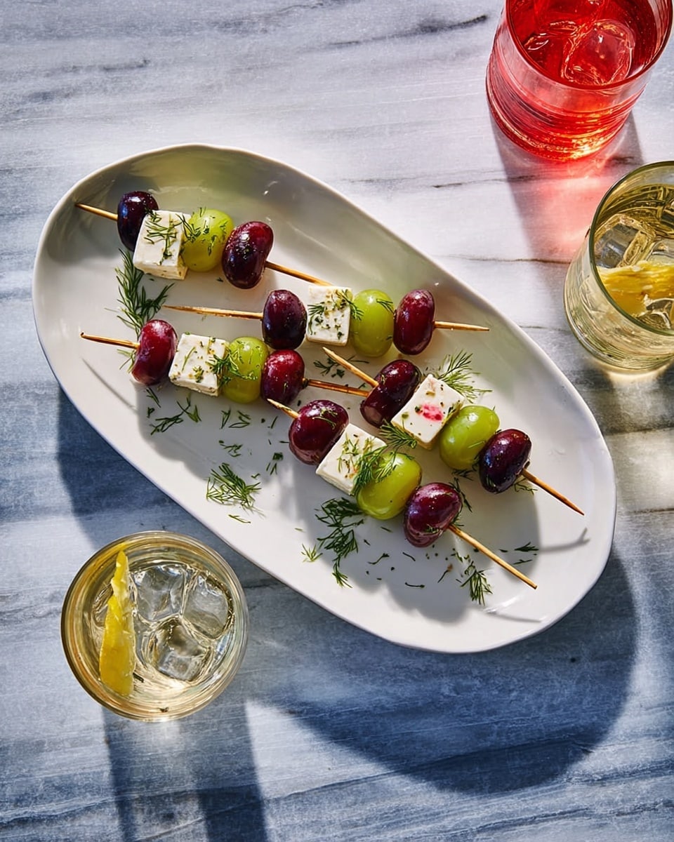 On a long white oval plate, there are six skewers arranged side by side, each with three layers: a green grape at the bottom, a cube of white cheese with pink bits in the middle, and a red or black grape on top, garnished with small green dill sprigs scattered around. The plate is placed on a white marbled surface. Around the plate, there are three glasses with drinks: one with ice and a yellow lemon twist, another with a golden liquid, and the third with a light pink drink, casting soft shadows. Photo taken with an iphone --ar 4:5 --v 7