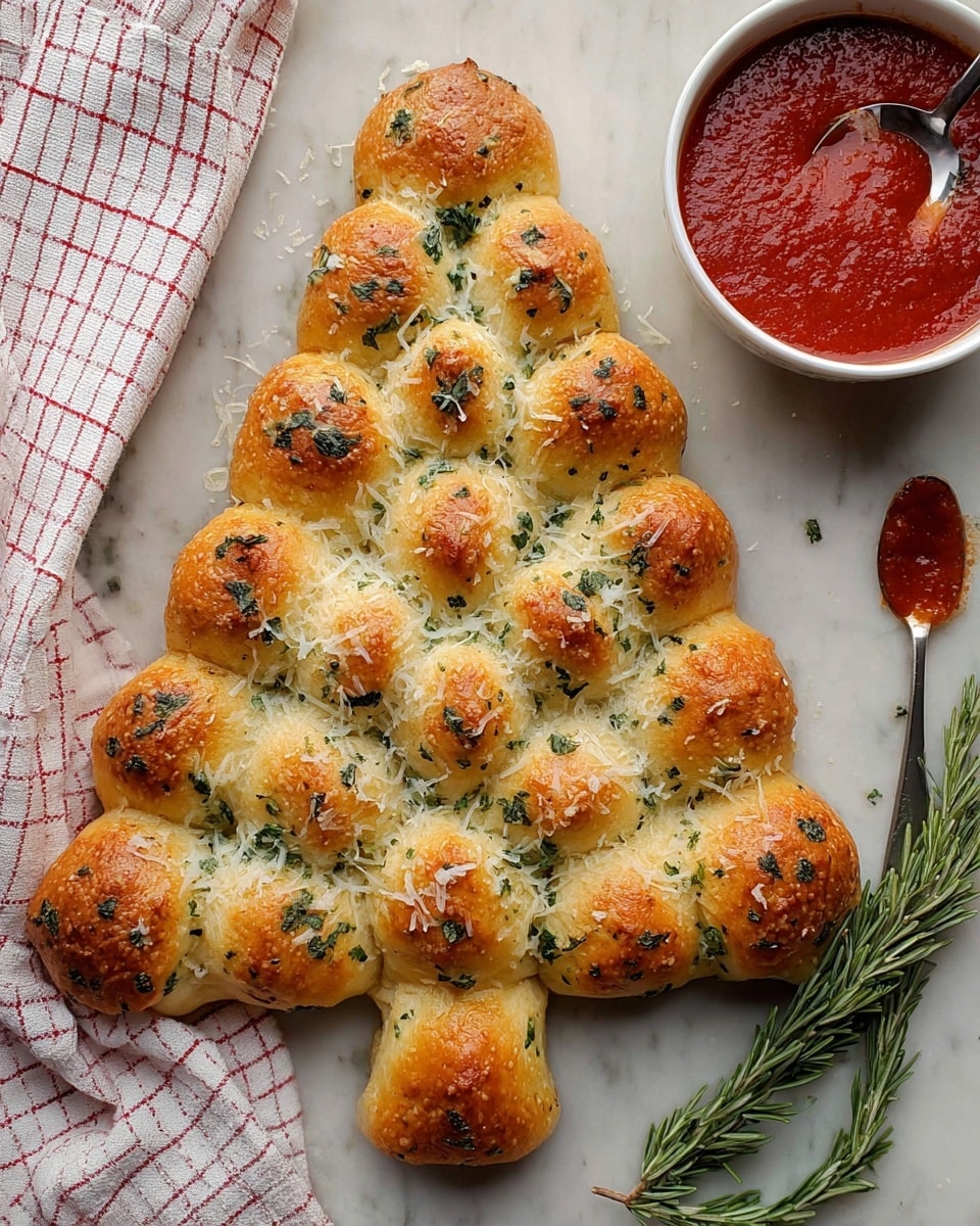 The image shows a Christmas tree-shaped bread made of small, round golden-brown baked dough balls arranged in five layers forming the tree shape, with four balls in the bottom layer forming the trunk. The bread is sprinkled with melted white cheese and small green herb pieces mainly parsley. On the right side, there is a white bowl filled with red marinara sauce, and a spoon with some sauce rests beside the bowl on a white marbled surface. A sprig of fresh rosemary lies near the bottom right corner of the bread, and a white and red checkered cloth is placed on the upper left side of the image. Photo taken with an iphone --ar 4:5 --v 7