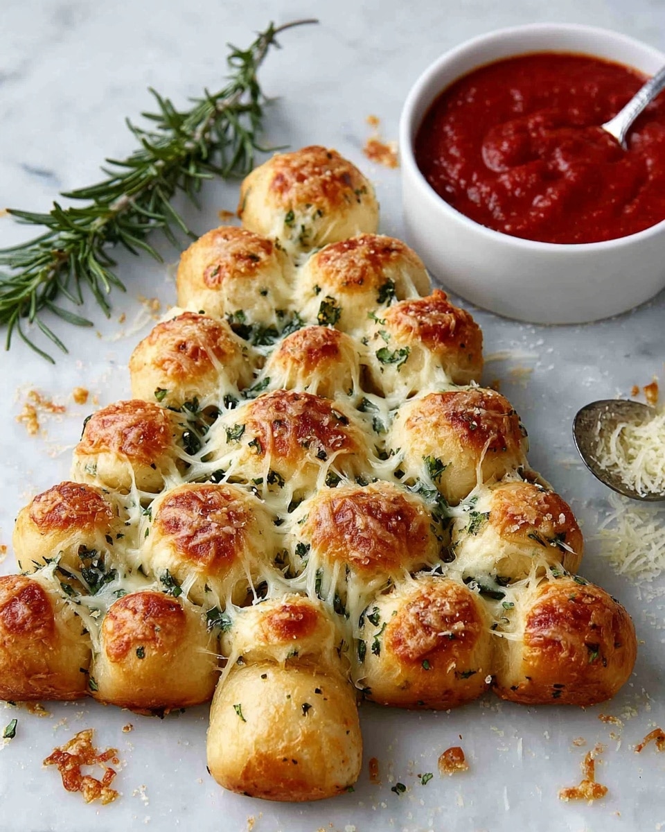 The dish is shaped like a Christmas tree made of small, round, golden-brown bread rolls that are closely arranged in five horizontal layers, each roll topped with melted cheese mixed with green herbs. The bread has a shiny, slightly browned crust with melted cheese strands stretching over the sides. The base has a small extension for the trunk part. There is a white bowl filled with bright red marinara sauce to the top right, and a spoon with some sauce rests next to it. A sprig of fresh rosemary lies to the left side on a white marbled surface, where small bits of herbs and grated cheese are scattered around the bread. photo taken with an iphone --ar 4:5 --v 7