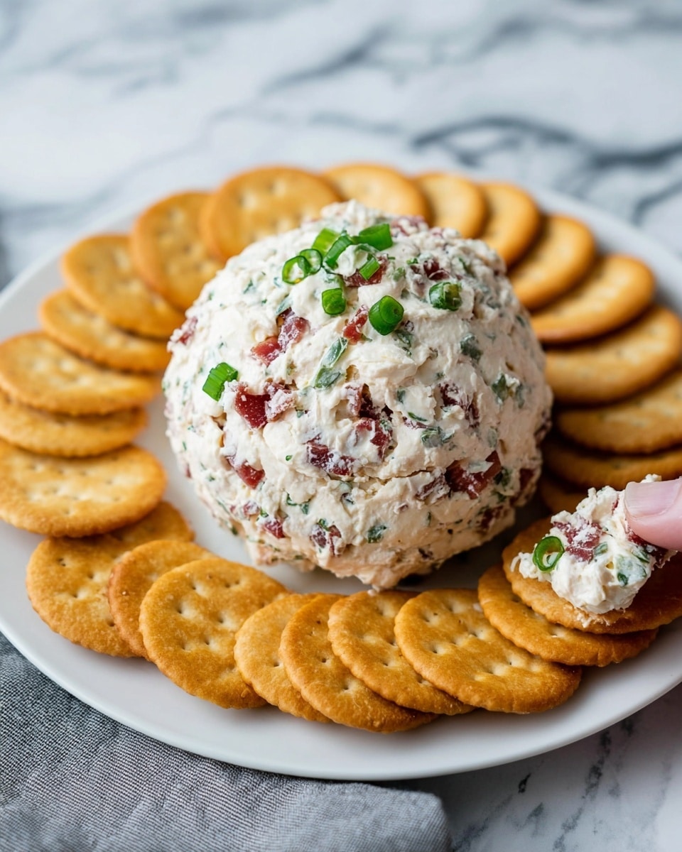 A ball-shaped cheese spread with a white creamy texture mixed with bits of red meat and green herbs sits in the center of a white plate. The spread is topped with small green onion pieces. Around the cheese ball, there is a single layer of round, golden-brown crackers neatly arranged in a circle. The plate rests on a white marbled surface with a folded gray cloth on the side. photo taken with an iphone --ar 4:5 --v 7