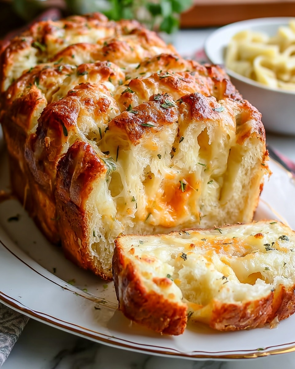 A loaf of pull-apart bread sits on a white plate with gold trim, featuring five visible thick layers of golden brown crust with melted cheese baked on top. Each pull-apart section shows an airy, soft, and light beige interior with swirls of melted cheese that have an orange and creamy white color. The cheese pools between the layers, giving a slightly gooey texture. The bread has herbs sprinkled lightly on top adding small green specks. In the background, a blurred bowl with white pasta is visible on a white marbled surface. Photo taken with an iphone --ar 4:5 --v 7