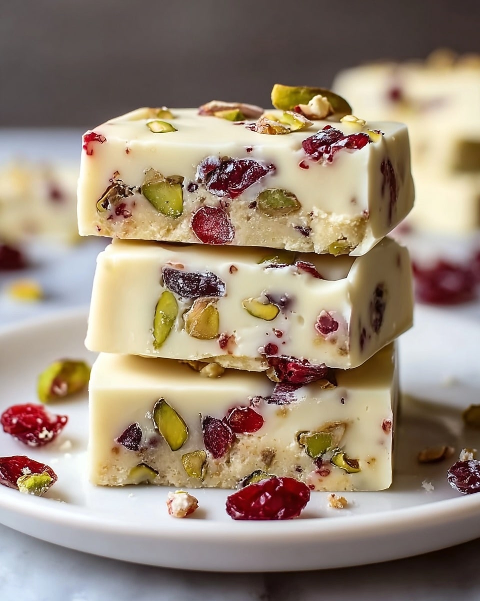 The image shows a stack of three thick white chocolate bars with visible pieces of red dried cranberries and green pistachios embedded inside. Each bar has a smooth, creamy white top layer and a dense, slightly crumbly base with the nuts and fruits spread throughout. The top bar is slightly shorter in height, revealing the inner colorful pieces clearly. The bars sit on a white plate on a white marbled surface with scattered cranberries and pistachios around. The soft lighting highlights the glossy texture of the chocolate and the vibrant colors of the nuts and berries. Photo taken with an iphone --ar 4:5 --v 7