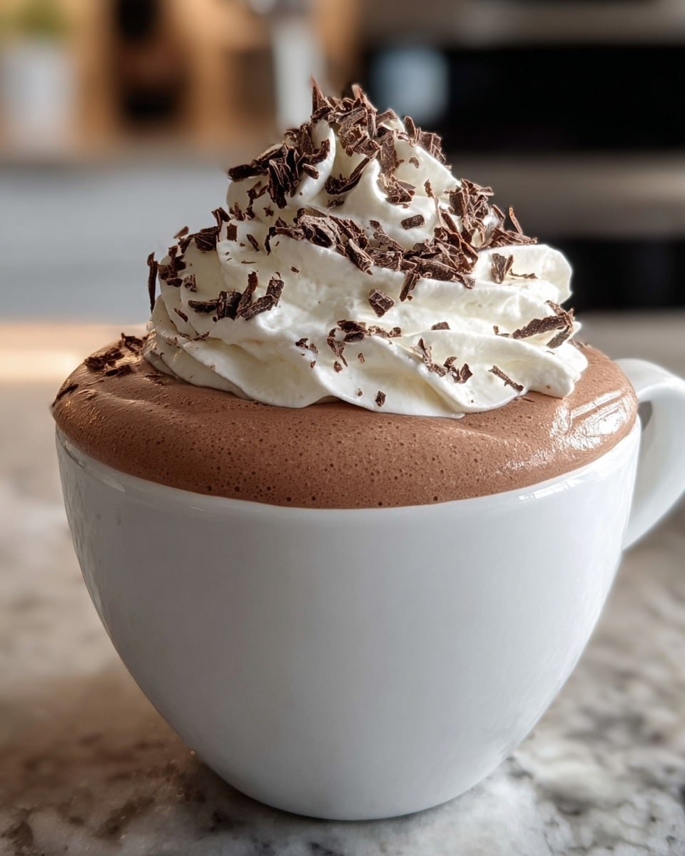 A white cup is filled with a thick, smooth layer of light brown chocolate mousse that almost reaches the cup's edge. On top, there is a fluffy, white whipped cream swirl covering the mousse in a soft peak shape. Dark chocolate shavings are scattered all over the whipped cream, adding a textured, rich contrast. The cup sits on a white marbled surface, with a blurred kitchen background. photo taken with an iphone --ar 4:5 --v 7