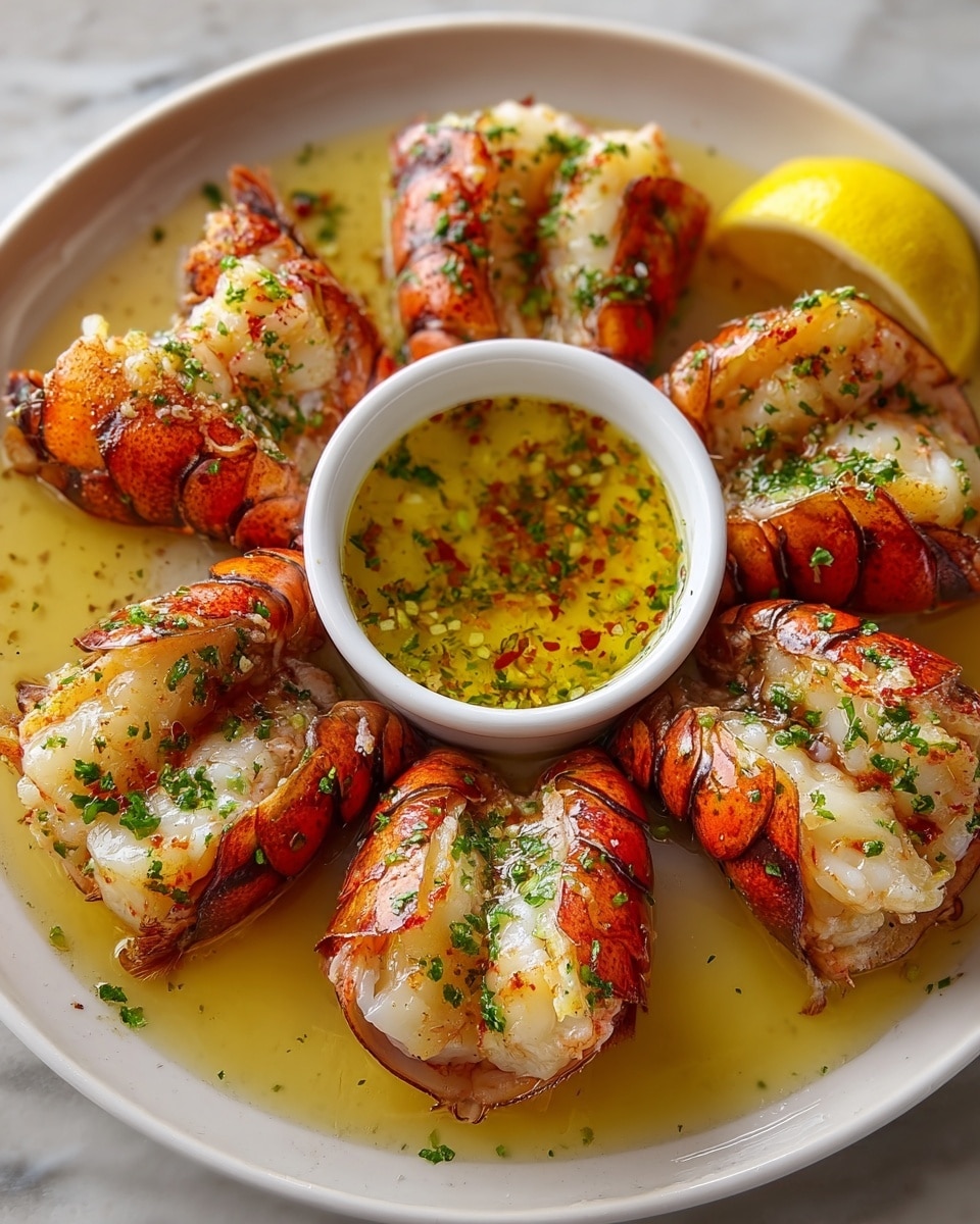 A round white plate holds seven pieces of cooked lobster tails arranged in a circle, their bright orange shells topped with creamy white lobster meat sprinkled with green herbs and seasoning. In the center of the plate, there is a small white bowl filled with melted butter mixed with herbs and spices, creating a yellow-golden sauce with red and green flecks. A lemon wedge with bright yellow peel is placed on the edge of the plate, and the lobster tails sit in a shallow pool of the buttery sauce, adding a glossy texture to the dish. The background is a white marbled texture. photo taken with an iphone --ar 4:5 --v 7