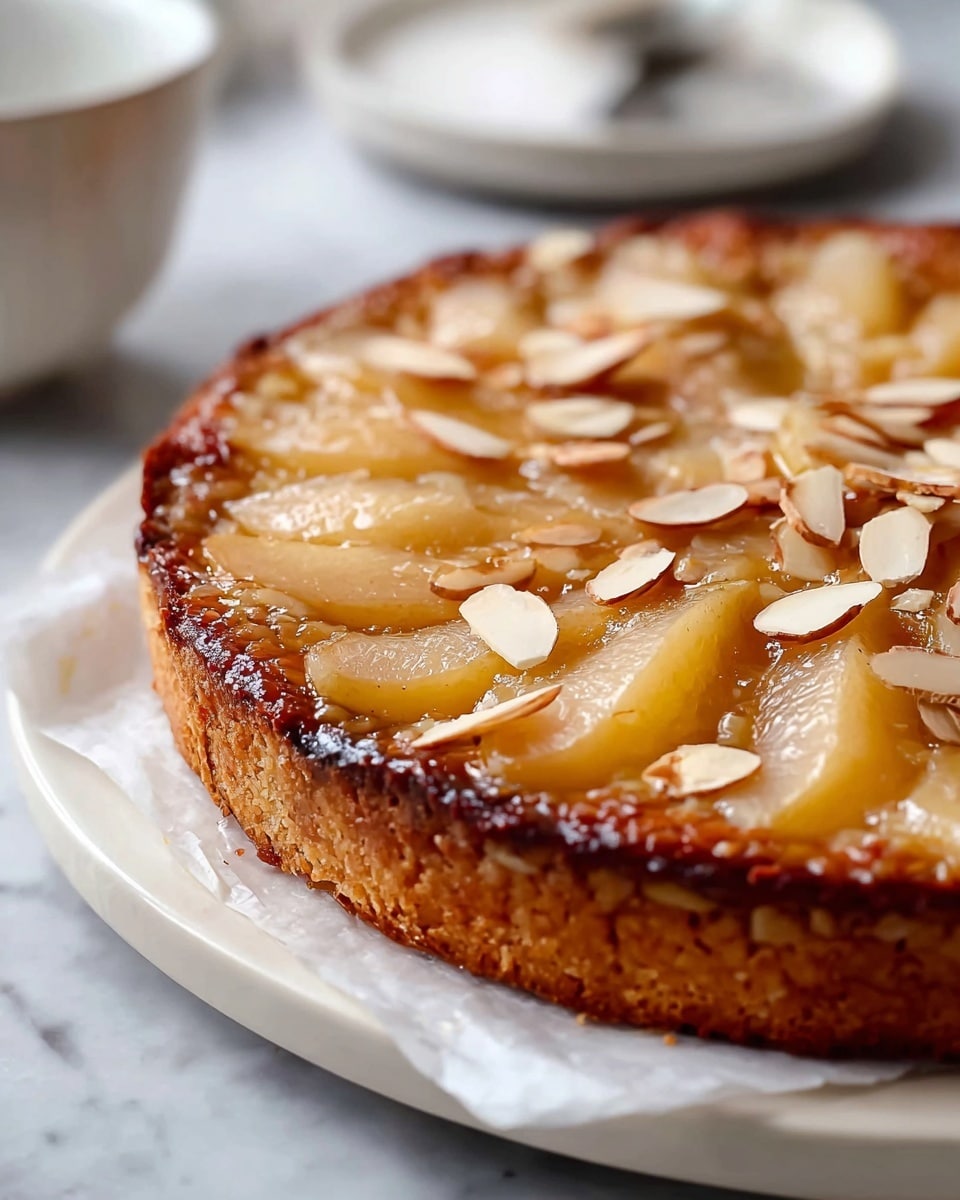 A close-up view of a round baked tart placed on white parchment paper on a white plate, showing its thick, golden-brown crust as the bottom layer with a crunchy texture, topped with a shiny glaze layer that covers the entire surface, making it look moist and glossy. On top of this glaze are slices of soft, pale yellow pears arranged unevenly, with some overlapping, and scattered thinly sliced almonds in natural beige and brown tones adding contrast and texture to the top. The tart rests on a white marbled surface, and there is a blurred white bowl in the background. photo taken with an iphone --ar 4:5 --v 7
