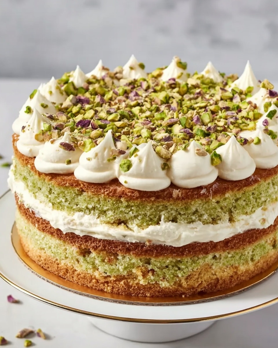 A two-layer pistachio cake with light green, moist textured sponge layers filled and topped with creamy white frosting dollops. The frosting between the layers is piped in small round dollops, while the top frosting has larger dollops spread evenly around the edge. A generous amount of chopped pistachios, showing green and purple hues, is scattered on the top layer, adding texture and color. The cake sits on a white plate with a thin gold rim, placed on a white marbled surface. Photo taken with an iphone --ar 4:5 --v 7