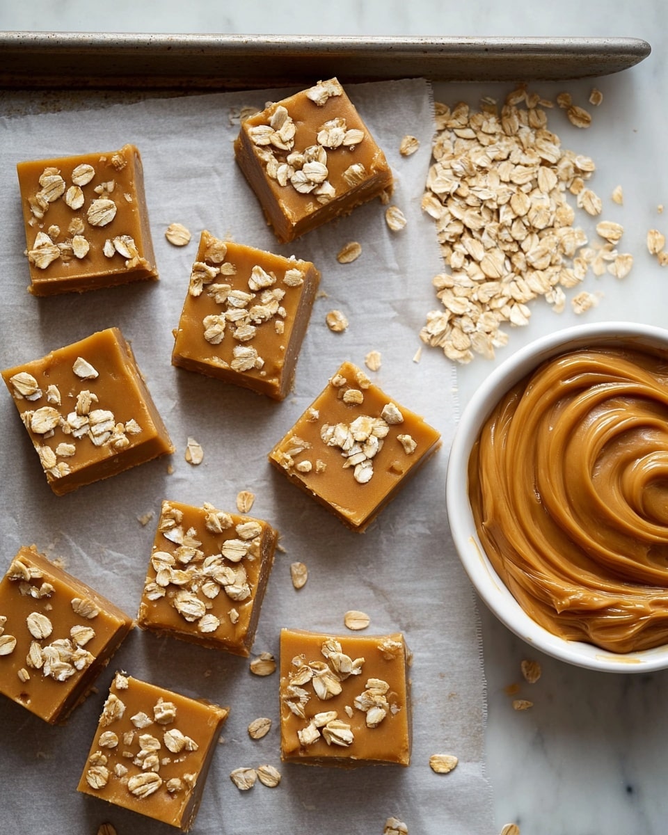 The image shows eleven square and one round fudge pieces laid out on parchment paper with a gray metal tray underneath. Each fudge piece has one thick layer of smooth, caramel-brown fudge topped with scattered light tan oat flakes, giving a rough texture on top. To the right, there is a white bowl filled with thick, swirled caramel-colored fudge, and beside it, a small pile of loose oat flakes spreads onto the parchment paper. The overall scene has a clean, simple look with a white marbled texture in the background. photo taken with an iphone --ar 4:5 --v 7