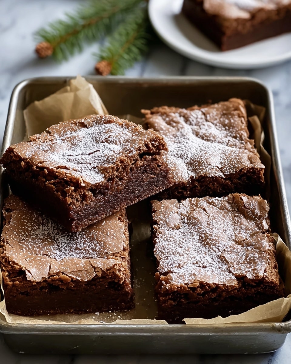 Four square pieces of chocolate brownies with a cracked, shiny brown top layer lightly dusted with white powdered sugar are shown in a metal baking tray lined with parchment paper. The brownies have a dense, moist texture with visible crumb edges. The tray is placed on a white marbled surface. In the background, there is a white plate with a few more pieces of dessert and some small green pine branches nearby. Photo taken with an iphone --ar 4:5 --v 7