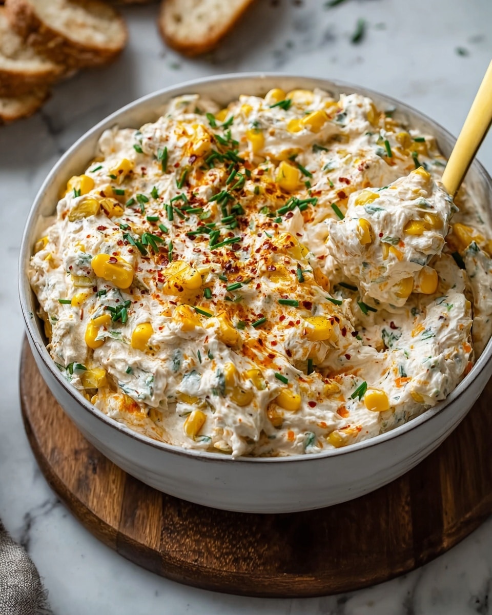 The image shows a thick creamy dip in a white bowl placed on a wooden board, on a white marbled surface. The dip is full of visible chunks of yellow corn and small green herbs, giving a textured look. The creamy white base is mixed with orange bits, swirled together with a slightly rough surface. There is a gold spoon stuck inside the dip on the right side. Some red spices and green herbs are sprinkled on top, adding color contrast. The background is softly blurred with some bread pieces in the top left corner. Photo taken with an iphone --ar 4:5 --v 7