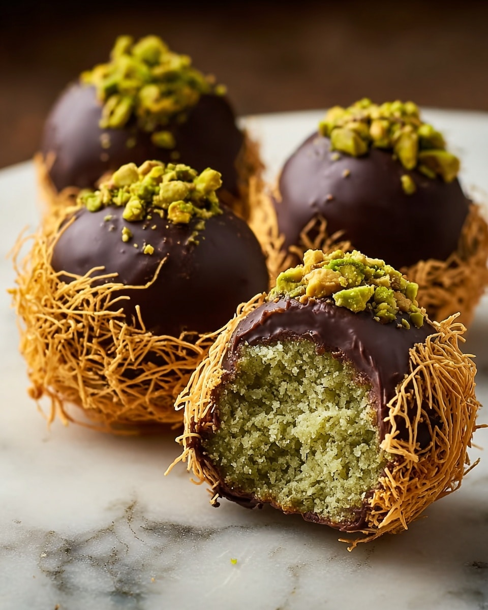 Four round sweets are placed on a white marbled surface. Each sweet has three visible layers: the outer layer is a golden, thin, nest-like shredded texture that wraps the whole sweet; underneath this is a smooth, dark chocolate coating giving a shiny, rich look. The top of each sweet is decorated with small green nut pieces, adding a bright pop of color. One sweet is cut open in front, revealing a dense, crumbly, light green filling inside the dark chocolate shell. The arrangement shows a close-up view of the textures and colors clearly. Photo taken with an iphone --ar 4:5 --v 7