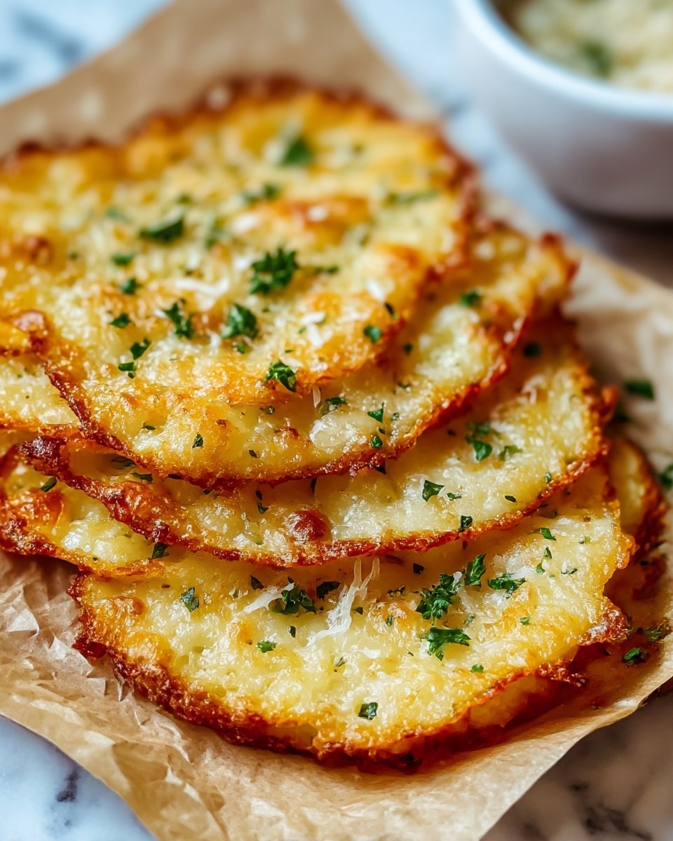 A close-up view of five golden brown, crispy cheese crisps stacked unevenly on top of each other on a piece of parchment paper. Each layer has a bubbly, slightly charred texture with visible bits of melted cheese and small green parsley flakes sprinkled over them for garnish. The edges are uneven and crunchy, showing a mix of light and darker golden tones. The background features a white marbled texture with a blurred white bowl partially visible on the right side. Photo taken with an iphone --ar 4:5 --v 7