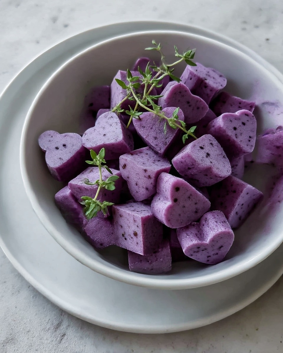 A white bowl filled with small purple pieces of food, each shaped like hearts and irregular cubes with a soft texture and dark tiny dots scattered throughout. The cubes and hearts are placed close together, creating a layered look with a few fresh green sprigs placed on top for decoration. The bowl sits on a white plate, both resting on a white marbled surface. The overall scene highlights the vivid purple color and natural texture of the food. photo taken with an iphone --ar 4:5 --v 7