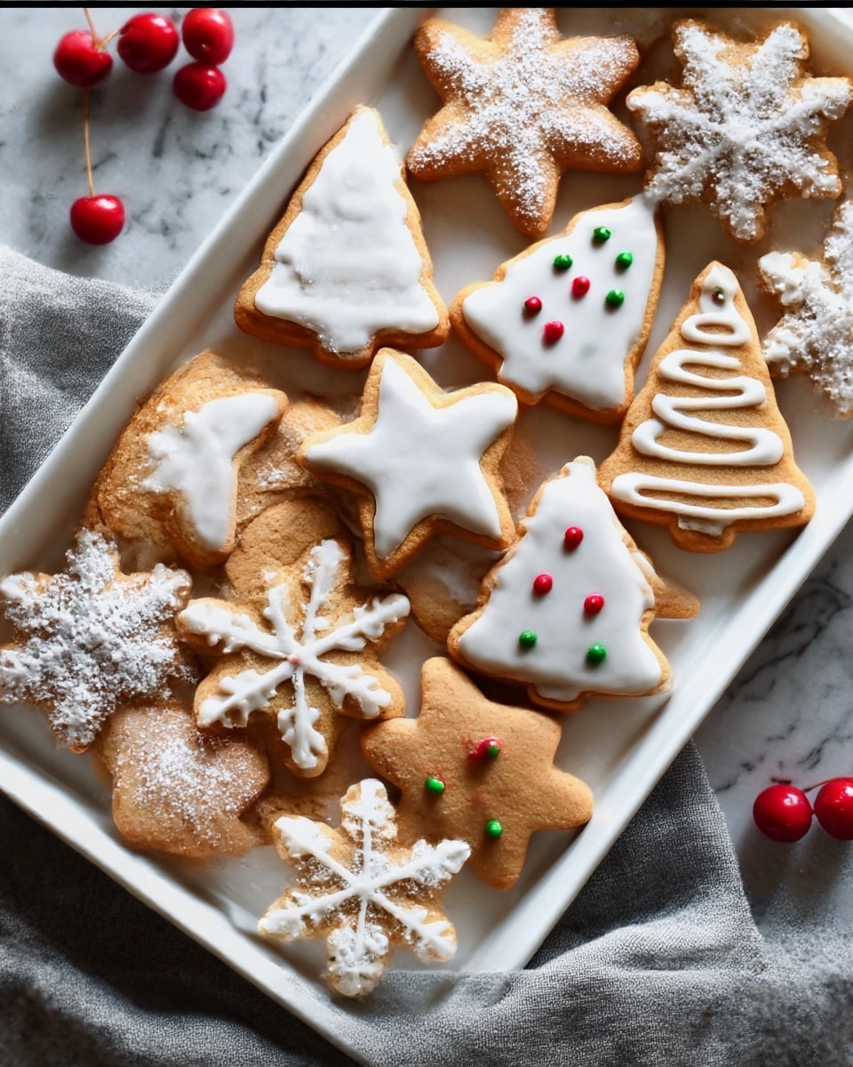 A white tray filled with different shaped cookies, including stars, Christmas trees, and snowflakes, all decorated with white icing and some sprinkled with powdered sugar. The cookies have a golden-brown color with smooth and slightly textured surfaces. Some cookies have red and green candy dots for decoration. The tray is placed on a white marbled surface with a gray cloth partially visible on the side and a few red cherries scattered around, adding a touch of bright color. photo taken with an iphone --ar 4:5 --v 7