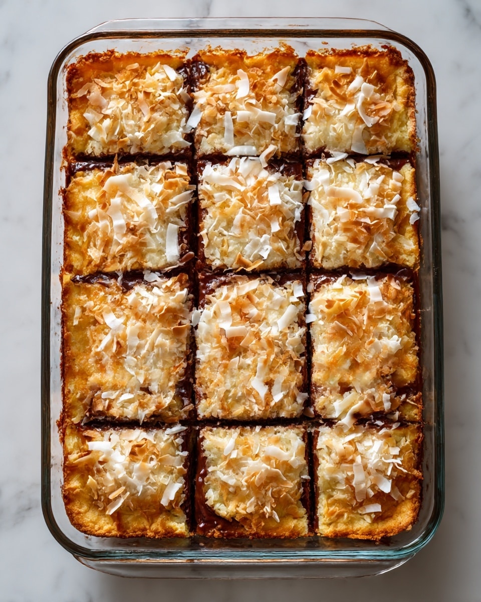 A rectangular glass baking dish holds a dessert cut into 12 neat squares, with a golden-brown crust forming the base and edges that are slightly raised and crispy. On top, a dark brown layer appears rich and thick, possibly a chocolate or fruit filling, evenly spread beneath a generous topping of shredded white and light golden toasted coconut that adds texture and color contrast. The dish sits on a white marbled surface, giving a clean and bright background that highlights the warm tones of the dessert. Photo taken with an iphone --ar 4:5 --v 7
