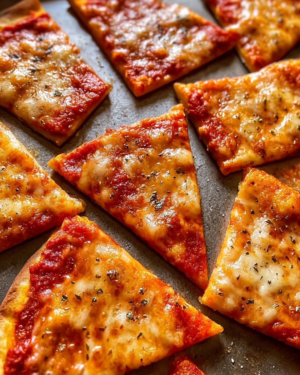 The image shows several thin, triangular pizza slices scattered on a dark baking tray. Each slice has a golden-brown crust with slight crispiness at the edges. The cheese on top is melted and bubbly, with some areas browned and slightly blistered. Some slices are sprinkled lightly with black pepper and coarse salt, adding texture and a bit of contrast. The overall color palette is warm, with orange tones from the melted cheese and tomato sauce beneath, and the surface of the tray has some specks of salt around the slices. Photo taken with an iphone --ar 4:5 --v 7