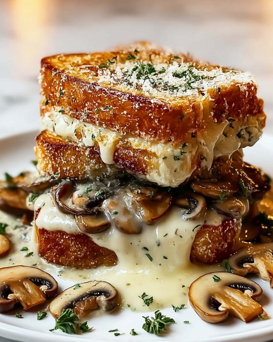A close-up view of a grilled cheese sandwich with two thick slices of golden brown toasted bread, crispy and sprinkled with herbs and powdered cheese on top, held together by melted white cheese that oozes out generously between the slices. Inside and spilling over the edges are soft, cooked, golden-brown mushroom slices coated in creamy cheese sauce. The sandwich sits on a white plate with some scattered mushrooms and small green herb bits around it, placed on a white marbled surface. photo taken with an iphone --ar 4:5 --v 7