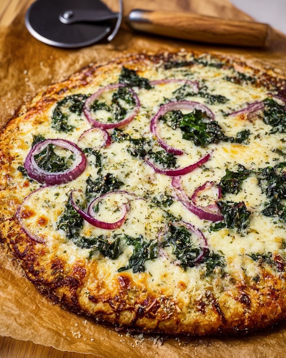 A close-up of a round pizza on brown baking paper, placed on a wooden board, topped with melted white cheese spread evenly across the surface, thin slices of purple onion scattered on top, and dark green cooked leafy vegetables spread out in small clusters. The crust is thick and golden-brown with some toasted spots and lightly sprinkled with herbs and grated cheese, creating a textured and slightly crispy edge. The pizza cutter with a wooden handle is visible in the background. Photo taken with an iphone --ar 4:5 --v 7