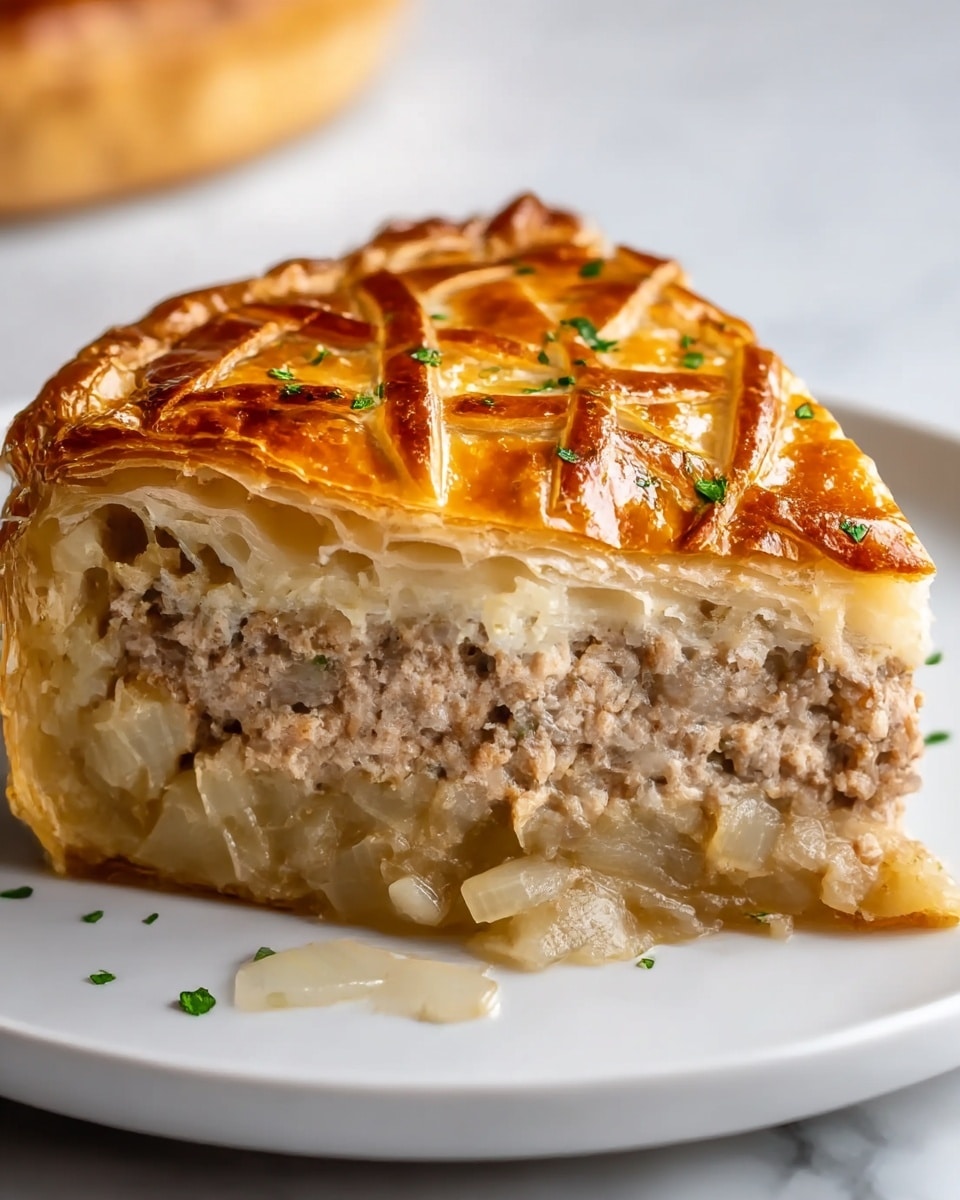 A close-up view of a single slice of meat pie on a white plate resting on a white marbled surface. The pie slice has three visible sections: the top crust is golden brown with a shiny, glazed finish and is sprinkled with small bits of green herbs; the middle layer consists of thin, flaky, light beige pastry layers; the bottom filling layer is dense and textured with cooked minced meat mixed with small bits of onion and spices in a light brown color. The slice is triangular and thick, showing the distinct layers clearly from side to side. Photo taken with an iphone --ar 4:5 --v 7