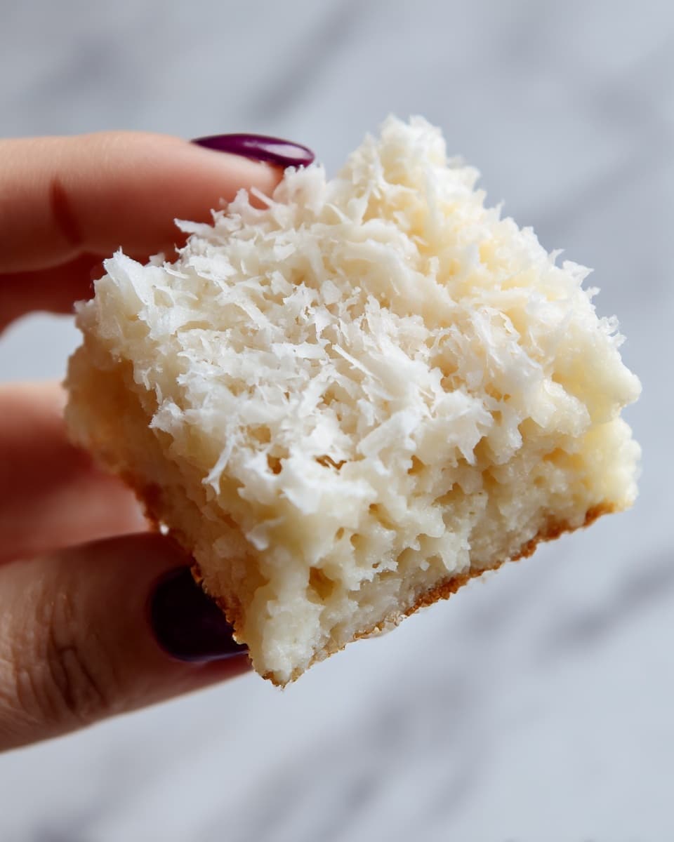 A close-up of a square rice treat held between thumbs and fingers with dark purple nail polish, showing off its soft, creamy, off-white sticky rice base topped with a layer of shredded, white coconut flakes that give a light, fluffy texture on top. The treat looks moist and chewy. The background is a bright white marbled texture. Photo taken with an iphone --ar 4:5 --v 7