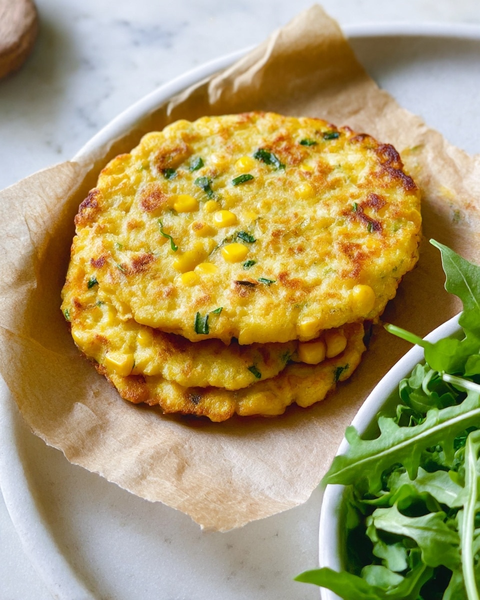 Two round, thin golden-yellow corn fritters with small bits of green herbs and pieces of corn are stacked slightly overlapping on a piece of light brown parchment paper. The fritters have a slightly crispy texture with small browned spots. They rest on a white plate that sits on a white marbled surface. Part of a white plate with fresh green leafy salad is visible at the bottom right corner. photo taken with an iphone --ar 4:5 --v 7