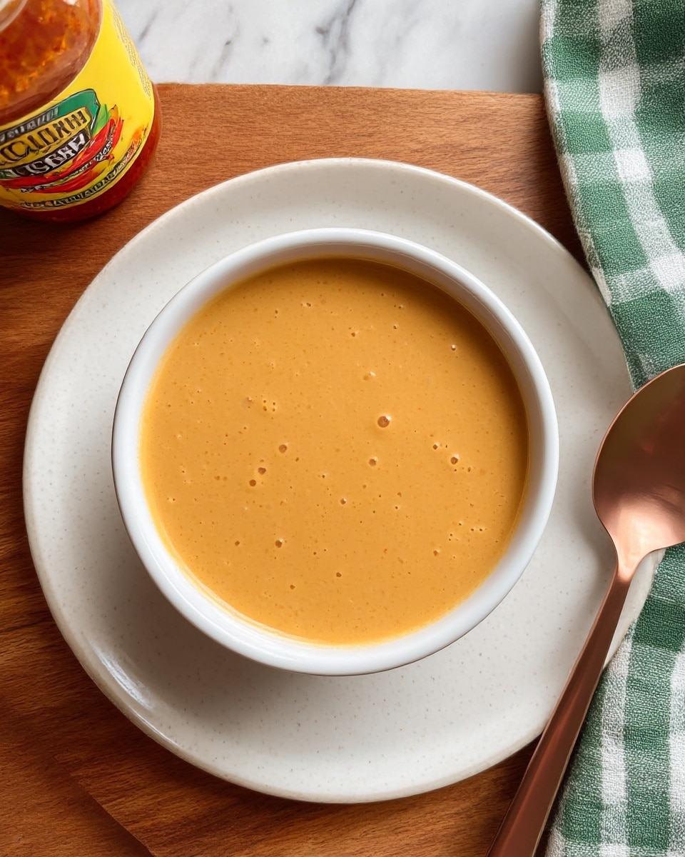 A white bowl filled with smooth, creamy orange sauce with tiny bubbles on its surface, placed on a round white plate on a wooden table. Next to the bowl, there is a copper-colored spoon resting on the wood, and a green and white checkered cloth partially covers the right side. At the top left corner, there is a partially visible jar of chili oil with a bright yellow and green label. The whole setting is on a white marbled background. photo taken with an iphone --ar 4:5 --v 7