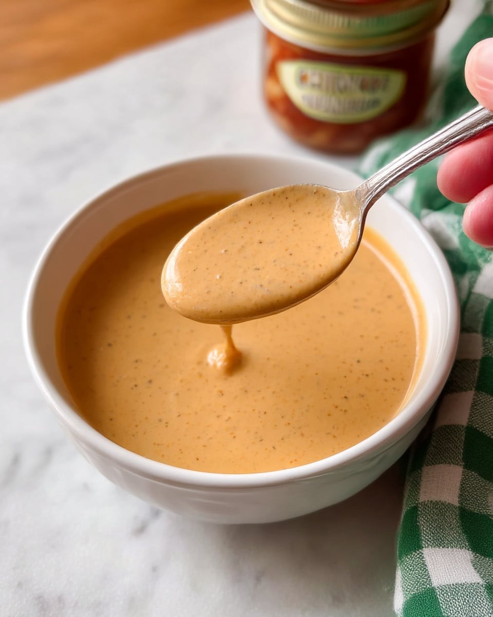 A close-up shot of a white bowl filled with a smooth, creamy sauce that is light orange-brown in color, with tiny black specks dispersed throughout. A woman's hand is holding a spoon that is scooping some of the sauce, showing its thick, velvety texture. The bowl is placed on a white marbled surface next to a green and white checkered cloth and a jar of chili onions in the background. Photo taken with an iphone --ar 4:5 --v 7