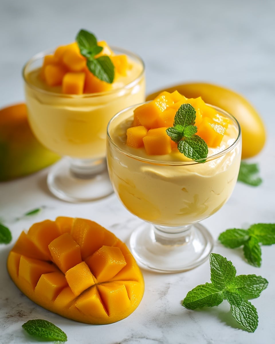 The image shows two clear glass dessert cups filled with a smooth, creamy yellow mango mousse. Each cup has two layers: a thick mousse base and a top layer of small, bright orange-yellow mango cubes arranged neatly. At the very top, a fresh green mint leaf adds color contrast. The dessert cups sit on a white marbled surface, surrounded by two half mangoes scored into cubes, showing their bright yellow-orange flesh. Soft green mint leaves are scattered around, adding a fresh touch. photo taken with an iphone --ar 4:5 --v 7