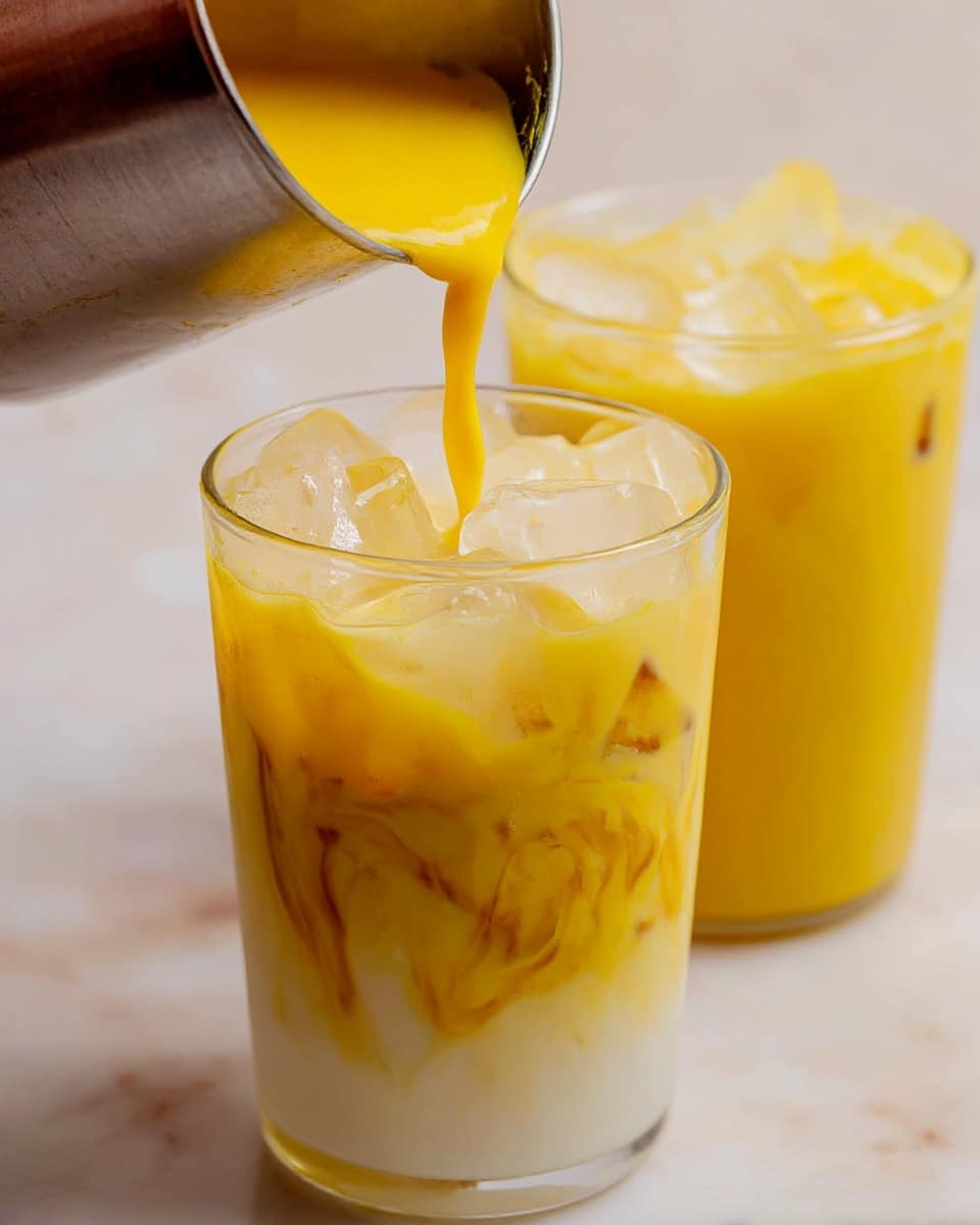 A close-up view shows two clear glasses filled with iced turmeric milk. The glass in front has three visible layers: at the bottom, white milk with ice cubes, the middle has a swirling blend of yellow turmeric liquid mixing with milk, and the top is piled with clear ice cubes. Bright yellow turmeric liquid is being poured from a metal container into the glass, creating a rich swirl on the surface. Another similar glass filled with iced turmeric milk sits blurred in the background. All glasses are placed on a white marbled surface. photo taken with an iphone --ar 4:5 --v 7