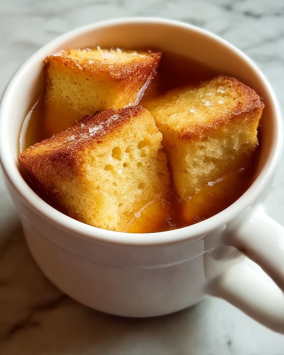 Three golden brown crispy bread cubes with a light sprinkle of coarse salt sit in a white ceramic cup filled with a warm, amber-colored liquid, likely broth or soup. The bread cubes show a soft, airy inside and a well-toasted outside that glistens slightly from absorbing the liquid. The cup has a smooth, glossy finish and a sturdy handle on its side. The whole scene rests on a white marbled surface, giving a clean and bright look to the image. photo taken with an iphone --ar 4:5 --v 7