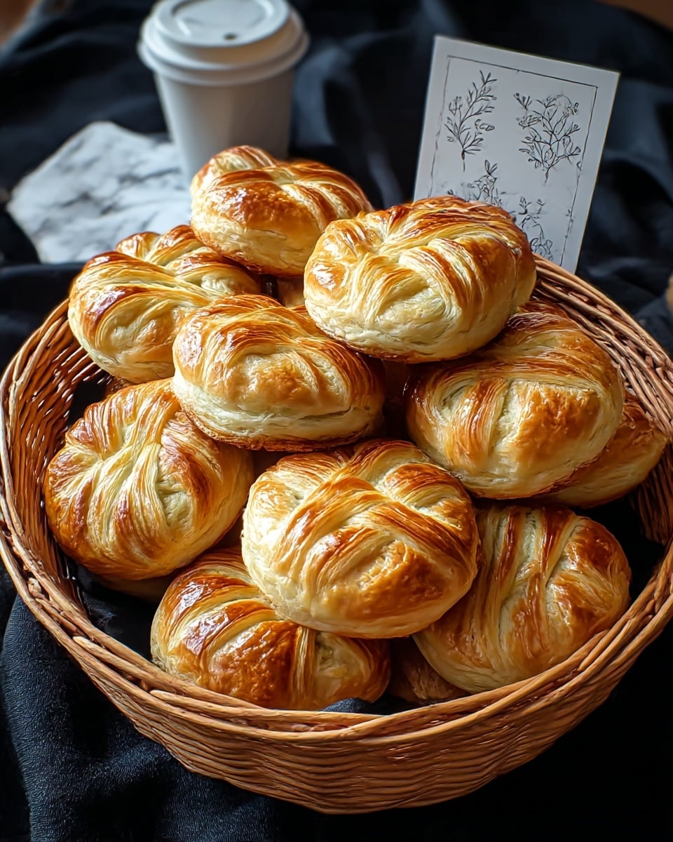 A round wicker basket filled with a stack of small round pastries, each with a golden-brown flaky crust that shows layers of pastry dough. The top of each pastry has a twisted, crossed pattern of dough strips creating a textured top layer. The pastries have a shiny, slightly glazed surface that reflects the light. The background shows dark fabric with a white marbled texture underneath the basket. A white cup with a lid and a small card with delicate illustrations are placed behind the basket. Photo taken with an iphone --ar 4:5 --v 7