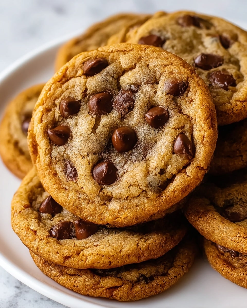 A close-up shot showing several chocolate chip cookies stacked slightly on a white plate, each cookie is round with a golden-brown edge and a chewy, textured center dotted with melted dark brown chocolate chips. The cookies have a soft, gooey look with cracks and creases on the surface, highlighting their freshly baked quality, all set against a white marbled texture background. photo taken with an iphone --ar 4:5 --v 7