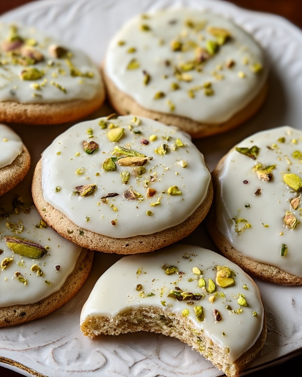 A close-up of a stack of six shortbread cookies arranged in two layers on a white plate with detailed textured edges. Each cookie is light beige with a soft crumbly texture topped with a thick, glossy white icing layer that covers almost the whole top surface. Green pieces of chopped pistachios are scattered unevenly on the icing, adding a pop of color. The cookies have slightly browned edges and a rough, crumbly bottom. One cookie at the top has a bite taken out of its side, revealing its soft and thick inside. The plate sits on a white marbled surface, softly lit to highlight the creamy icing and crisp edges. Photo taken with an iphone --ar 4:5 --v 7