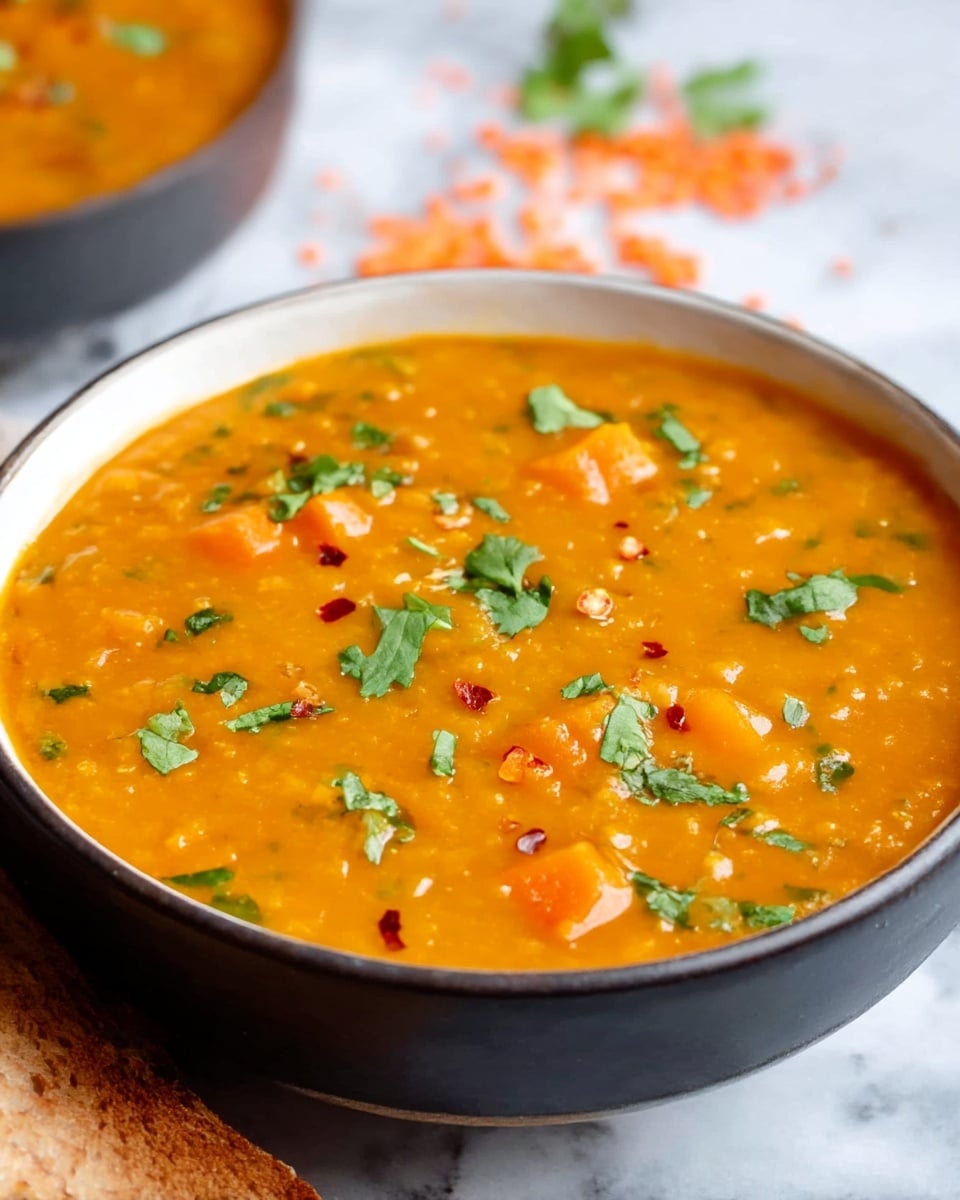 A close-up of a thick orange lentil soup served in a white bowl with a dark rim, topped with small green cilantro leaves and tiny red chili flakes scattered on the surface. The soup has visible soft chunks of vegetables mixed throughout, creating a textured look. In the background, there is a blurred white marbled surface with some dry red lentils scattered and a piece of brown toasted bread on the side. photo taken with an iphone --ar 4:5 --v 7