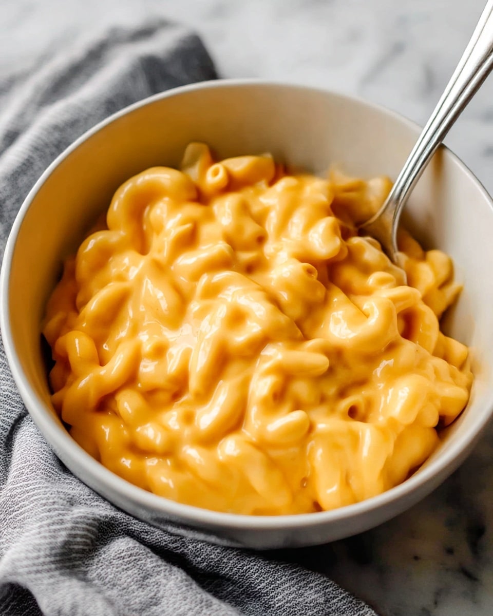 A white bowl filled with creamy mac and cheese made of smooth elbow pasta coated in thick, bright orange cheese sauce, with the sauce covering every curve of the pasta creating a soft, glossy texture. A silver spoon with a rounded handle rests inside the bowl, slightly sinking into the cheesy pasta. The bowl sits on a gray and white striped cloth, placed on a white marbled surface. Photo taken with an iphone --ar 4:5 --v 7