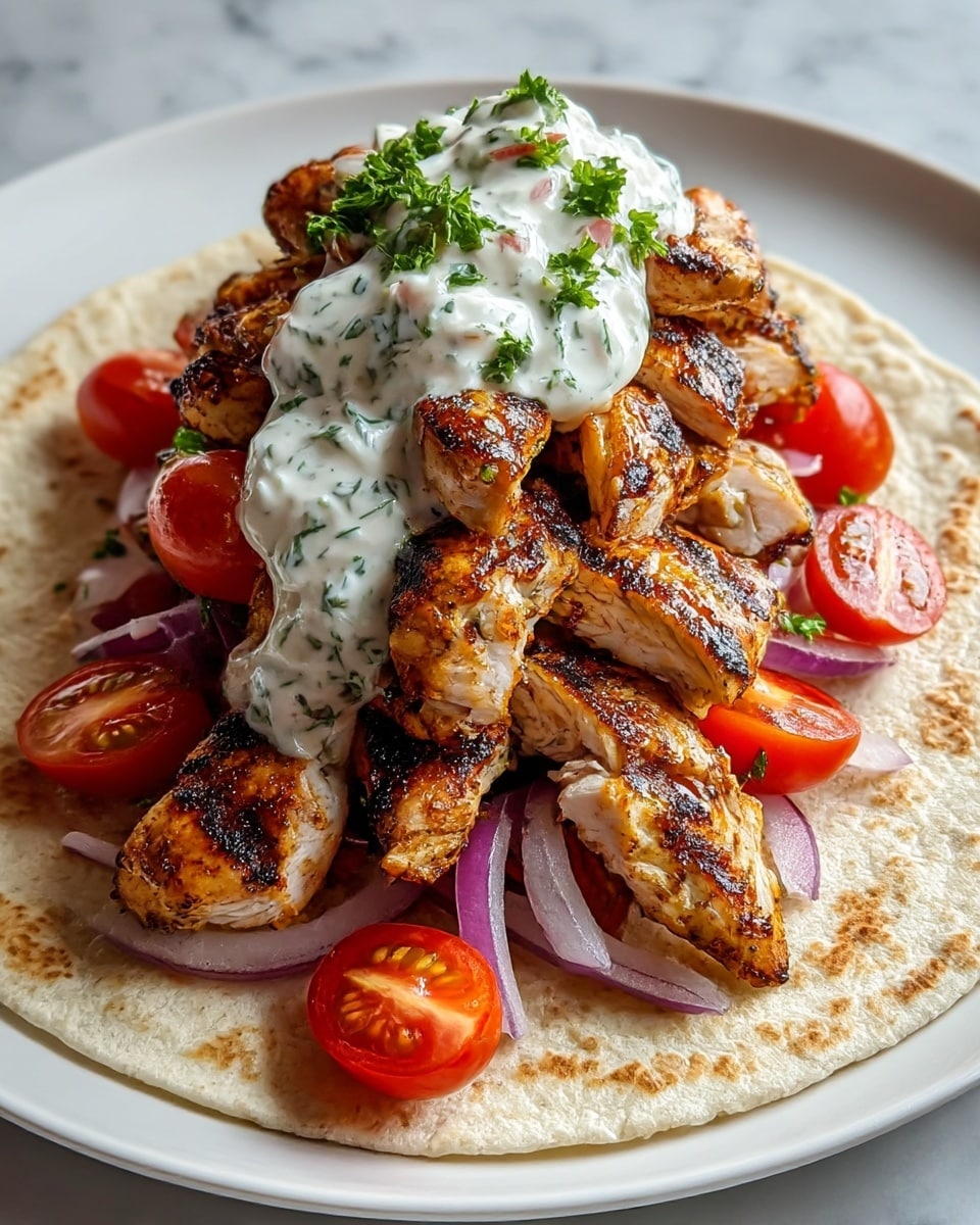 On a white plate with a white marbled background, there is a soft, slightly browned tortilla as the base layer. On top of the tortilla, there is a thick pile of grilled chicken strips with dark char marks and a shiny, juicy texture. Mixed with the chicken are pieces of red onion and halved bright red cherry tomatoes scattered around. The top layer has a creamy white sauce with visible green herbs and small red onion bits, garnished with chopped green parsley and a few more cherry tomato halves. The whole dish looks fresh, colorful, and well stacked. photo taken with an iphone --ar 4:5 --v 7