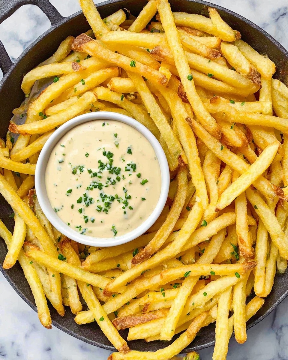 A round dark pan filled with crispy golden yellow French fries scattered around a small white bowl in the center, which holds creamy light beige dipping sauce topped with small green herb pieces. The fries are thin and have a slightly rough texture with some browned edges. The pan sits on a white marbled surface. photo taken with an iphone --ar 4:5 --v 7