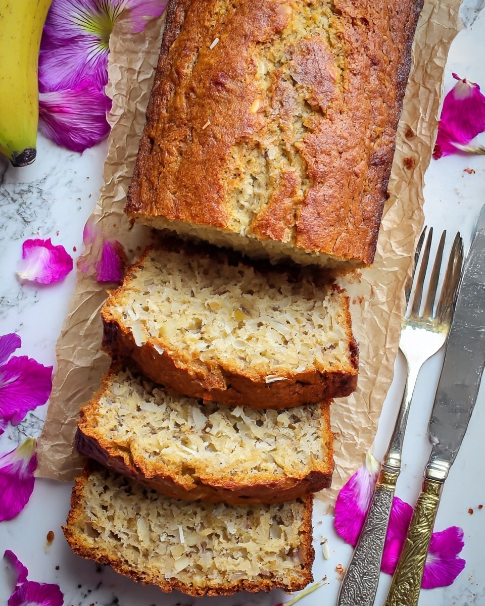 A loaf of golden-brown bread is shown partially sliced with three thick pieces stacked in front of the main loaf, revealing a moist and crumbly inside with visible bits of coconut and nuts. The crust is a warm brown with a slightly cracked top. The bread rests on crinkled parchment paper on a white marbled surface, surrounded by purple and pink flower petals. Two silver forks with gold accents are placed on the right side next to the bread. Photo taken with an iphone --ar 4:5 --v 7