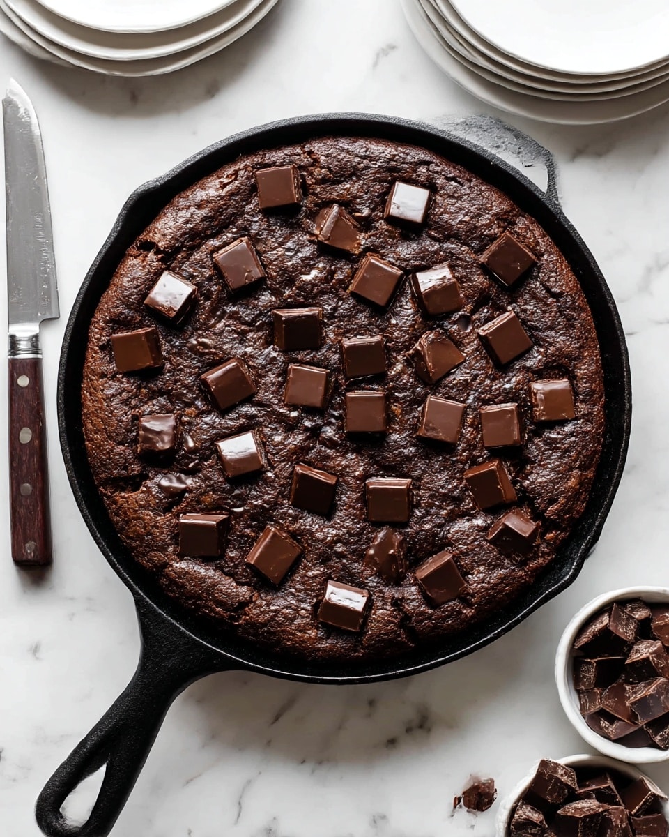 A thick, dark brown chocolate skillet cookie with a slightly rough texture fills the black rounded skillet. On top, numerous smooth, square chocolate chunks are scattered evenly, adding a shiny contrast. The skillet sits on a white marbled surface, with a stack of plain white plates at the top left, a knife with a dark wooden handle to the left, and a small white bowl filled with chocolate chunks at the bottom right. photo taken with an iphone --ar 4:5 --v 7