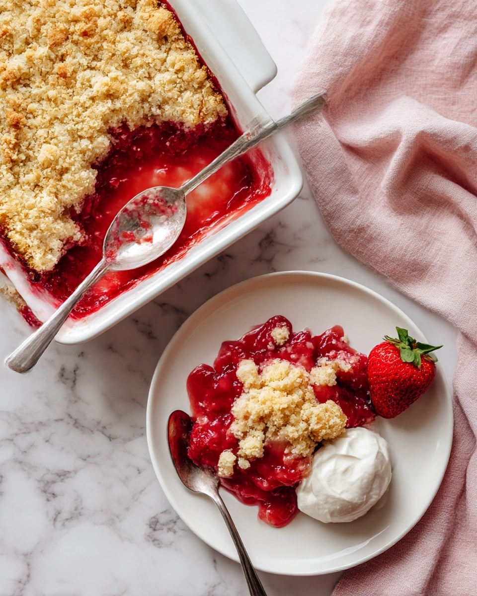 The image shows a white baked dish with a golden brown crumbly top layer partially missing, revealing a bright red, juicy mixed berry filling underneath. Next to the baking dish on a white plate, there is a serving of the dessert with the same golden crumbly top layer over the vivid red berry filling, accompanied by a smooth white whipped cream dollop on the side, and a whole fresh red strawberry with green leaves placed beside the cream. The setting is on a white marbled surface with a soft pink cloth nearby. Photo taken with an iphone --ar 4:5 --v 7