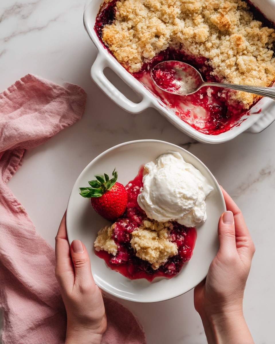 A white plate holds a serving of berry cobbler that has three main layers: the bottom layer is bright red and slightly runny berry filling, the middle layer is dense and light beige cake-like dough, and the top layer is golden brown, crumbly, and baked crust. Next to the cobbler on the plate is a large dollop of thick white whipped cream, with a fresh red strawberry with green leaves placed beside it. The plate is set on a white marbled surface next to a white baking dish containing more of the berry cobbler with some missing from one corner, revealing the three layers inside. A woman's hand holds a spoon in the baking dish. A soft pink cloth napkin is placed below the baking dish. photo taken with an iphone --ar 4:5 --v 7