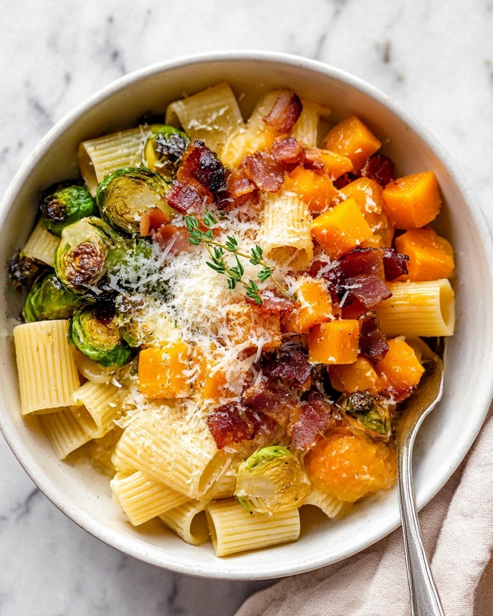 A round white bowl filled with three main layers: the first layer is rigatoni pasta tubes in a pale yellow shade with a smooth texture; the second layer has chunks of bright orange roasted butternut squash and green halved roasted Brussels sprouts with slight charring; the top layer includes small pieces of crispy, reddish-brown bacon and a light sprinkling of fine white grated cheese scattered over everything. There is also a small sprig of fresh green thyme resting on top near the center. To the right side inside the bowl, a silver fork is partly inserted among the ingredients. The bowl is placed on a white marbled surface with a soft cloth partially visible at the bottom right. Photo taken with an iphone --ar 4:5 --v 7