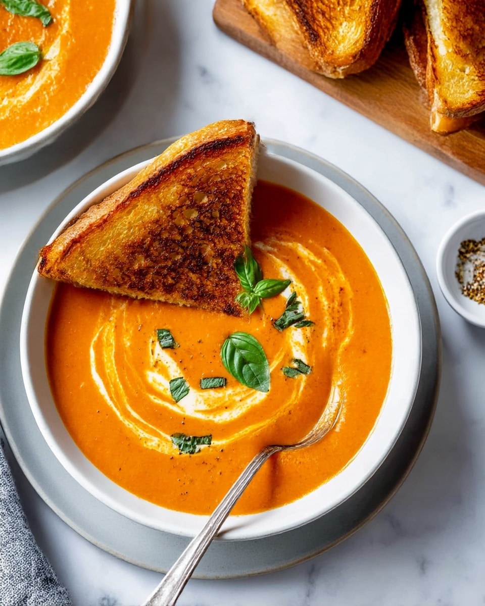 The image shows a white bowl filled with orange creamy tomato soup that has swirls of cream and small fresh green basil leaves on top. A golden brown toasted sandwich is placed resting on the edge of the bowl, with a crispy texture visible on the bread. The bowl is set on a light gray plate over a white marbled surface. A silver spoon is partially submerged in the soup, angled from the right side of the bowl. Nearby, there is a plate with more toasted sandwiches, and part of a wooden board with a small white dish of seasoning can be seen in the top right corner. photo taken with an iphone --ar 4:5 --v 7