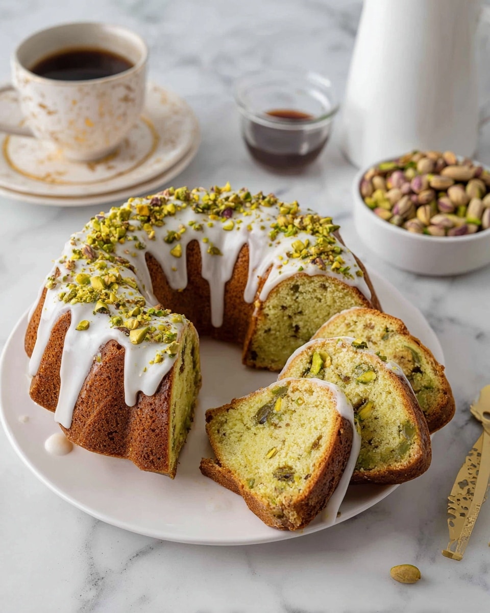A round bundt cake with a golden-brown crust is placed on a white plate, sliced into four thick pieces showing a light green inside with bits of pistachio scattered throughout. The top of the cake has white icing drizzled unevenly, with chopped green pistachios sprinkled on the icing. The scene includes a small white bowl with whole pistachios, a glass cup of dark coffee, and a white milk pitcher in the background, all set on a white marbled surface. Photo taken with an iphone --ar 4:5 --v 7