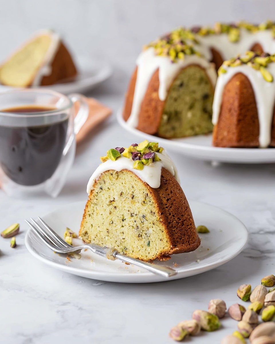 A slice of pistachio bundt cake sits on a white plate in the front, showing a soft light green inside speckled with tiny dark nuts, and topped with a smooth white icing that drips slightly down the sides, garnished with chopped pistachio pieces in green and purple hues. Behind this, a larger whole bundt cake with a darker brown outer crust and the same white icing dripping down its sides is placed on another white plate. The setting includes a clear glass cup with black coffee and a fork with a metallic handle resting on the front plate. Scattered pistachios lay on a white marbled surface, giving a fresh and clean backdrop to the warm tones of the cake and coffee. photo taken with an iphone --ar 4:5 --v 7