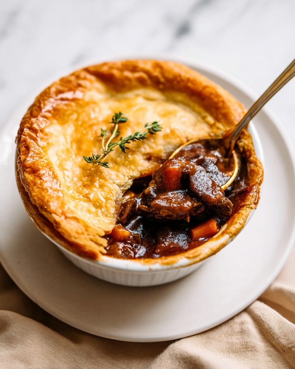 A small white round dish holds a savory pie with a golden-brown, flaky crust on top. A sprig of fresh green thyme rests on the crust, adding a touch of color. A spoon is scooping out a portion from the side, revealing the dark brown, rich stew inside with visible chunks of meat and orange carrots covered in thick sauce. The dish sits on a white plate, all placed on a white marbled surface with a beige cloth nearby. Photo taken with an iphone --ar 4:5 --v 7